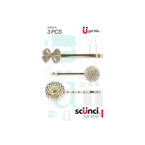 Pack de 3 horquillas Scunci con piedras decorativas.