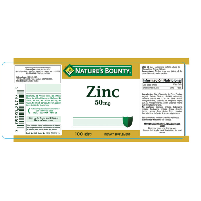 Suplemento Natures Bounty Zinc 50Mg X 100 Tabletas