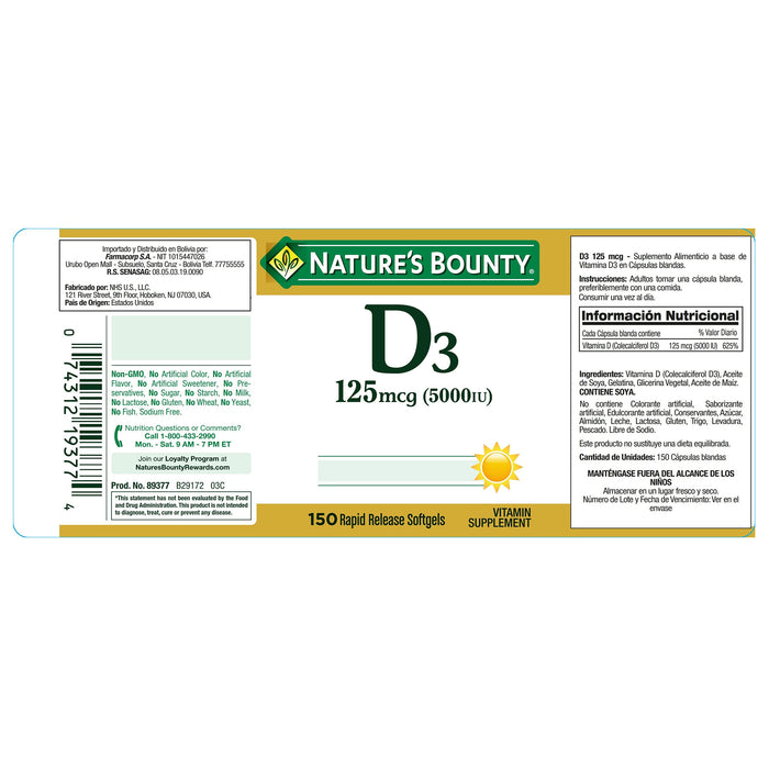 Vitamina D3 Natures Bounty 5000Ui X 150 Capsulas Blandas