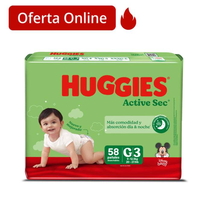 Pañal Huggies Active Sec G/3 X 58 Unidades