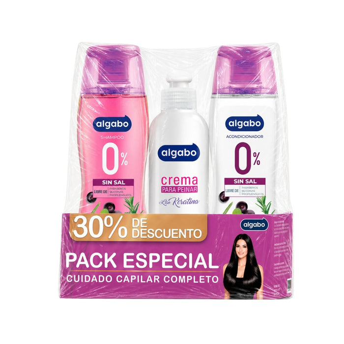 Pack Crema Peinar+Shampoo+Acondicionador Algabo Acai Y Romero