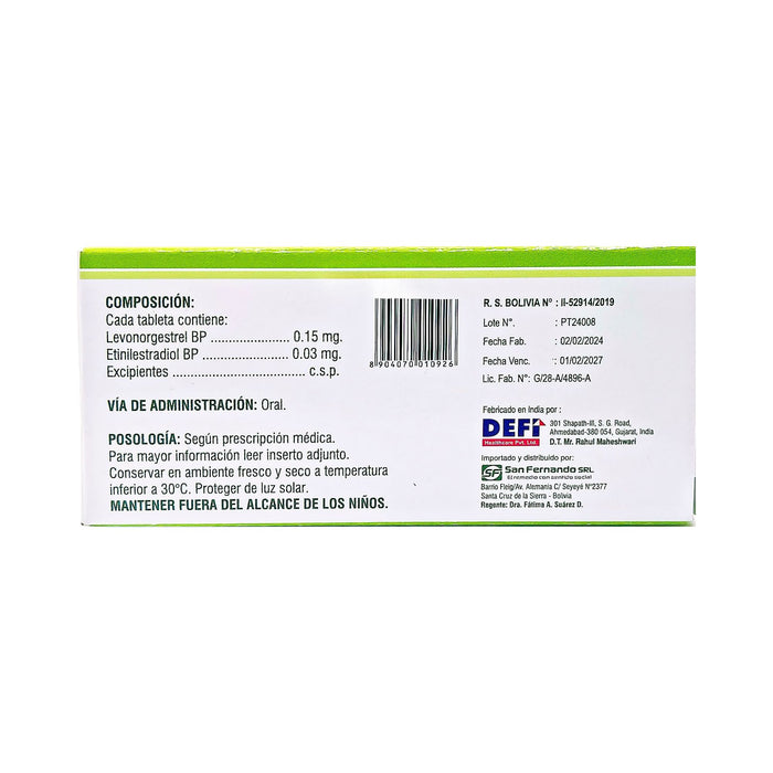 Levoginon Levonorgestrel 0.15Mg Y Etinil Estradiol 0.03Mg X 21 Tabletas