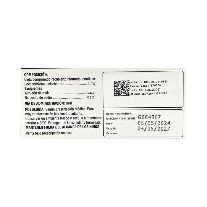 Levozina Levocetirizina 5Mg X Comprimido