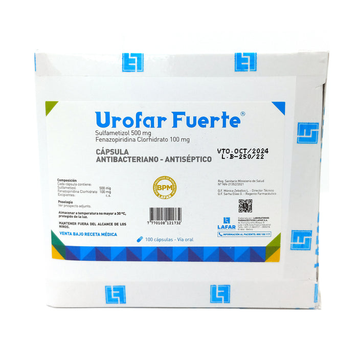 Urofar Fuerte Sulfametizol 500Mg Y Fenazopiridina Clorhidrato 100Mg X Capsula