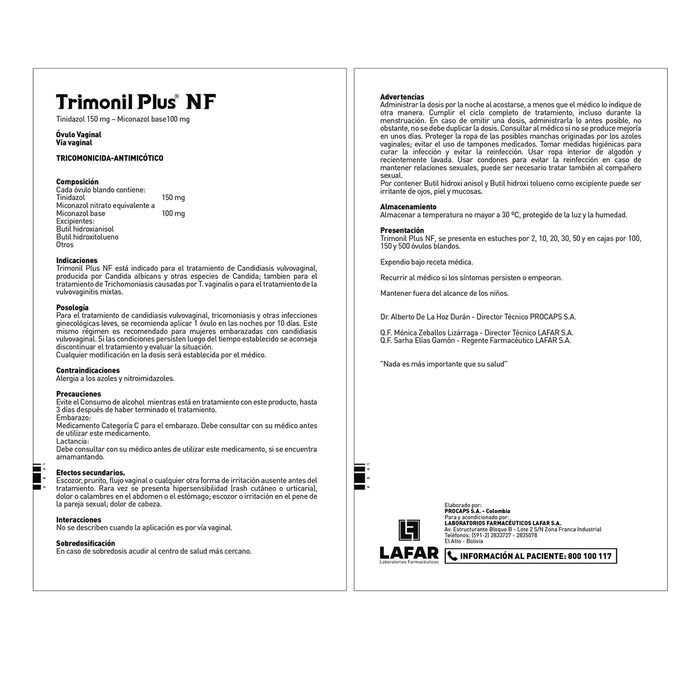 Trimonil Plus Nf Tinidazol 150Mg Y Miconazol 100Mg X Ovulo