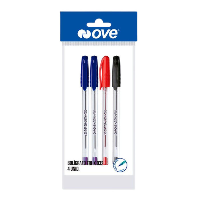 Bolígrafos Ove Tri-X 032 Azul / Rojo /Negro X 4 Unidades