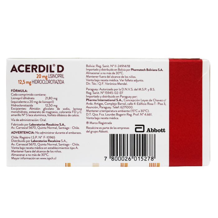 Acerdil D Lisinopril 20Mg Y Hidroclorotiazida 12.5Mg X Tableta