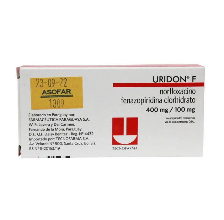 Uridon F Norfloxacina 400Mg Y Fenazopiridina Clorhidrato 100Mg X Tableta