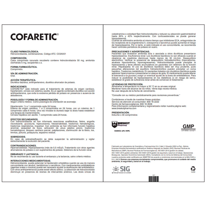 Cofaretic Hidroclorotiazida 50Mg Y Amilorida Clorhidrato 5Mg X Tableta