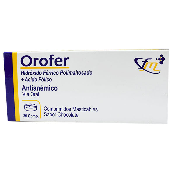 Orofer Hierro Elemental 100Mg Y Acido Folico 350Mcg Sabor Chocolate X Comprimido