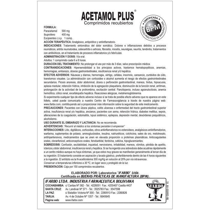 Acetamol Plus Paracetamol 500Mg / Ibuprofeno 400Mg X Tableta