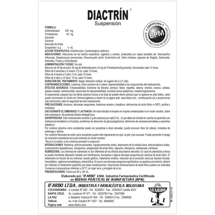 Diactrin Sulfametoxazol 200Mg Trimetoprim 40Mg Suspension X 100Ml