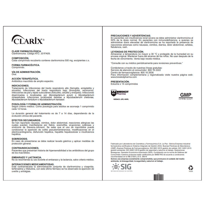 Clarix 500Mg Claritromicina X Tableta