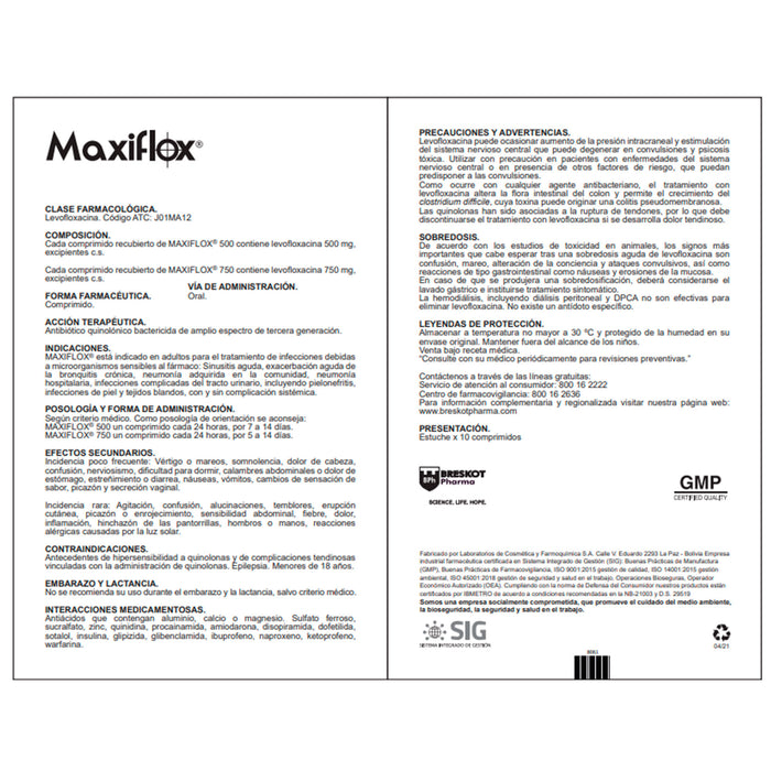 Maxiflox 750Mg Levofloxacina X Tableta