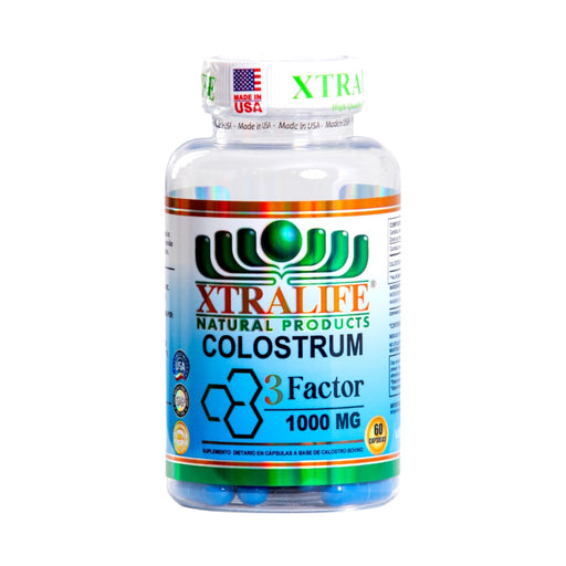 Frasco de suplemento dietario Xtralife Colostrum 3 Factor 1000mg.