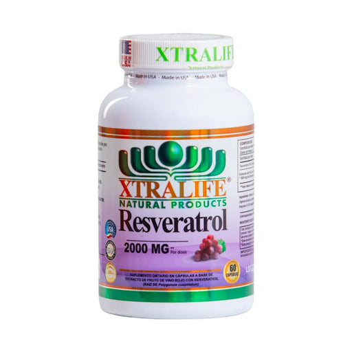 Frasco de suplemento dietario Xtralife Resveratrol 2000mg.
