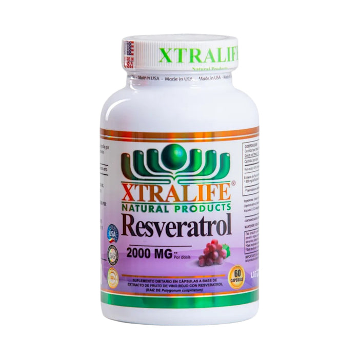 Frasco de suplemento dietario Xtralife Resveratrol 2000mg.