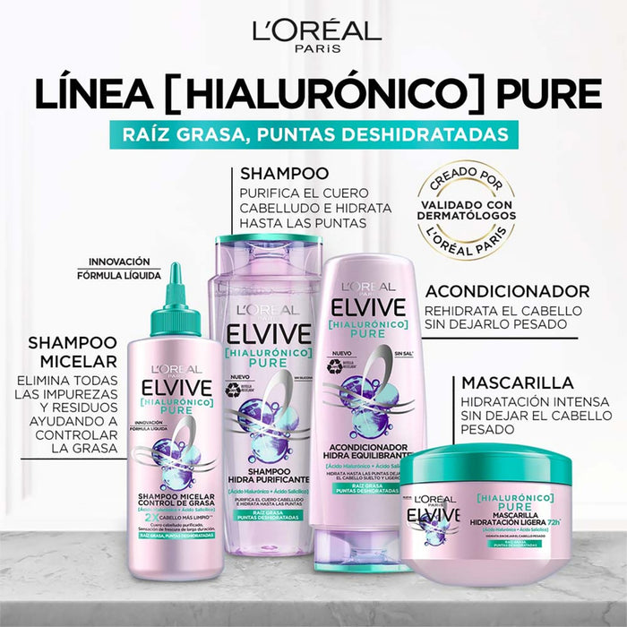 Shampoo Elvive Hialurónico Pure - Raíz Grasa Puntas Deshidratadas X 680Ml