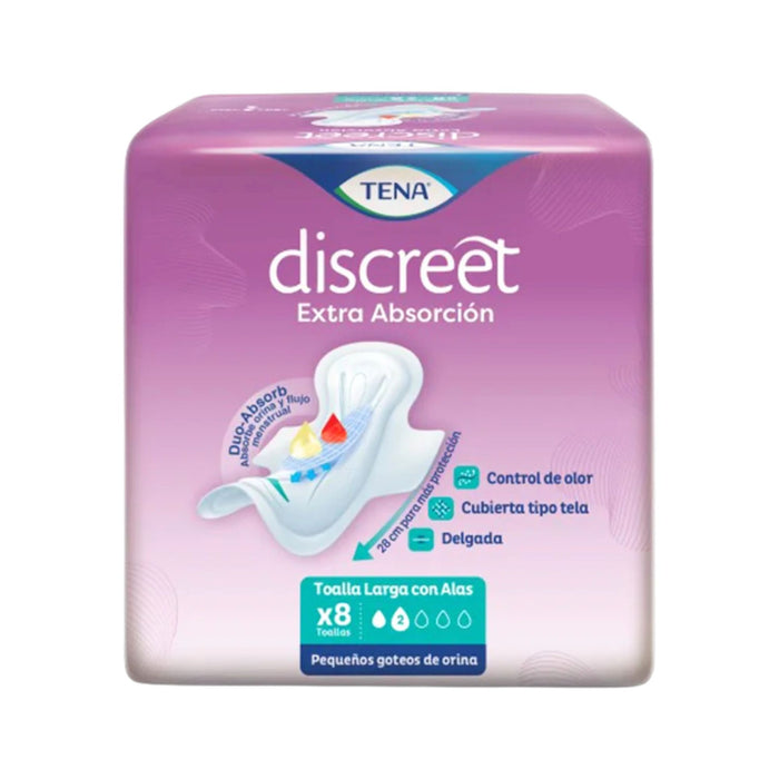 Toalla Femenina Tena Discreet Extra Absorción Larga X 8 Unidades