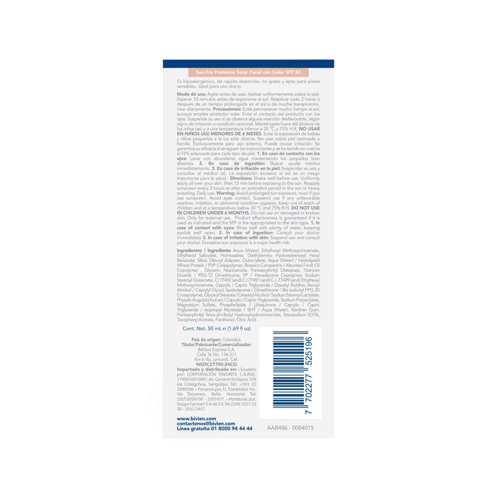 Protector Solar Sun Pro Facial Con Color Spf 50 X 50 Ml