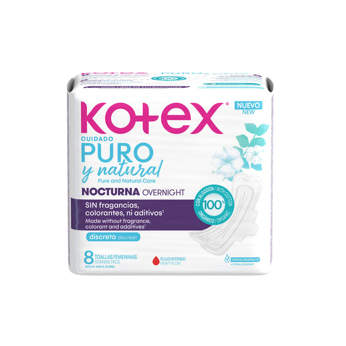 Toallas Femeninas Kotex Cuidado Puro Nocturna X 8 Unidadades