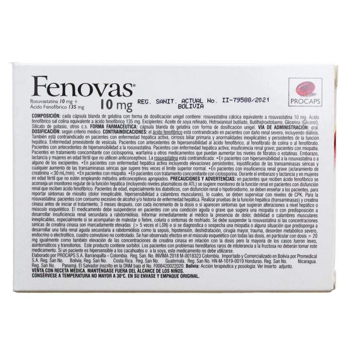 Fenovas 10Mg Rosuvastatina Acido Fenofibrico 135Mg X Capsula