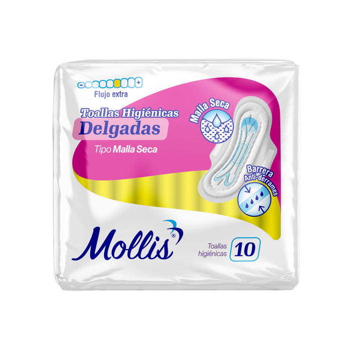 Toallas Higiénicas Mollis Delgadas Malla Seca Flujo Extra X 10 Unidades