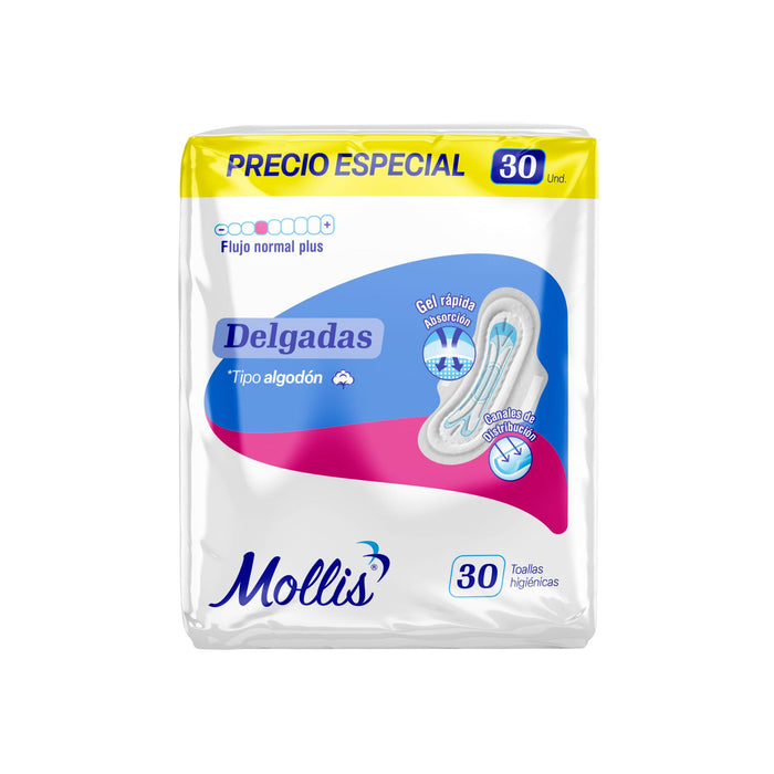 Toallas Higiénicas Mollis Delgadas Flujo Normal X 30 Unidades