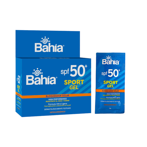 Caja de Bloqueador Solar Bahia Sport Gel SPF50+ con 20 sobres.