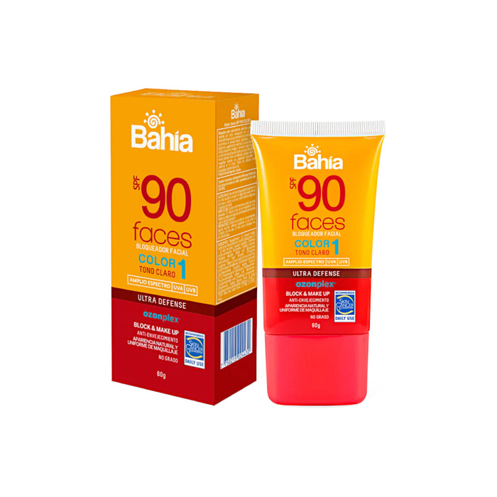 Envase de bloqueador facial Bahia Faces FPS 90 con color, tono 1.