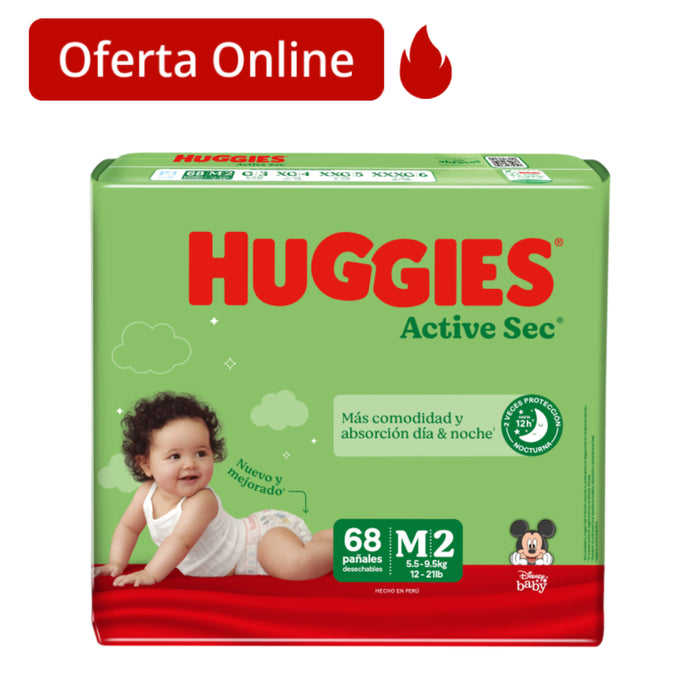 Pañales Active Sec Huggies Talla M 5.5 A 9.5Kg X 68 Unidades