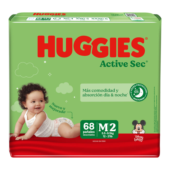 Huggies Active Sec Talla M 5.5 A 9.5Kg X 68 Unidades