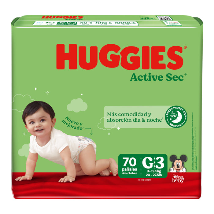 Huggies Active Sec Talla G 9 A 12.5Kg X 70 Unidades