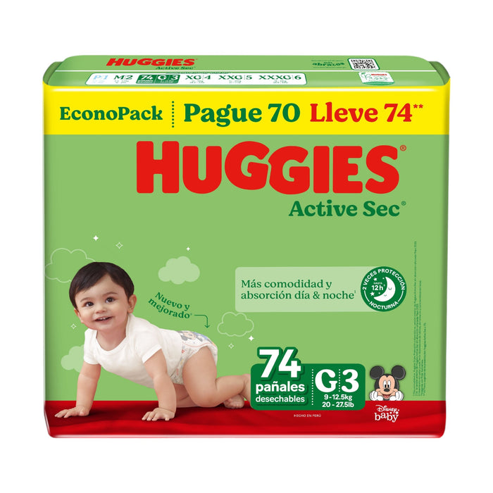 Pañales Huggies Active Sec Talla G Verde X 74 Unidades