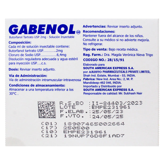 Gabenol 2Mg Butorfanol Im Iv 5 Ampollas X 1Ml