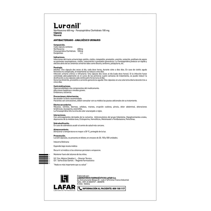 Luranil Norfloxacina 400Mg Y Fenazopiridina Clorhidrato 100Mg X Capsula