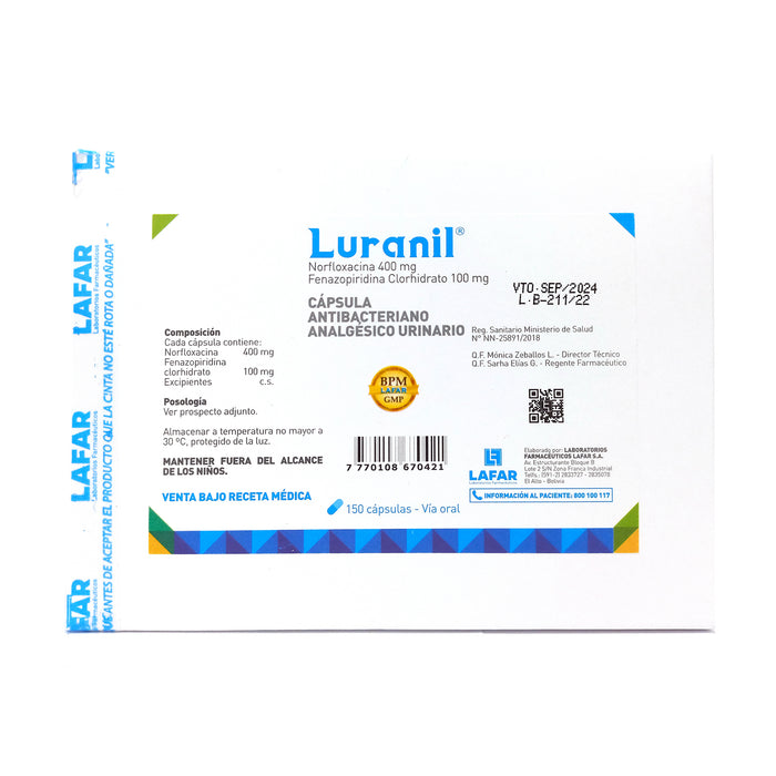 Luranil Norfloxacina 400Mg Y Fenazopiridina Clorhidrato 100Mg X Capsula
