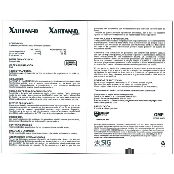 Xartan D Forte Losartan Potasico 100Mg Y Hidroclorotiazida 25Mg X Tableta
