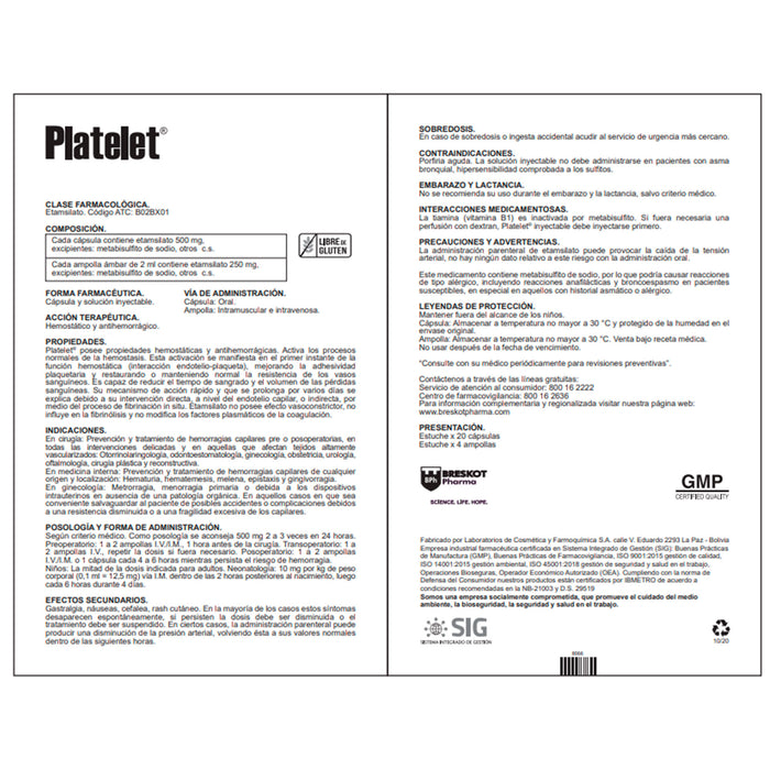 Platelet Etamsilato 500Mg X Capsula