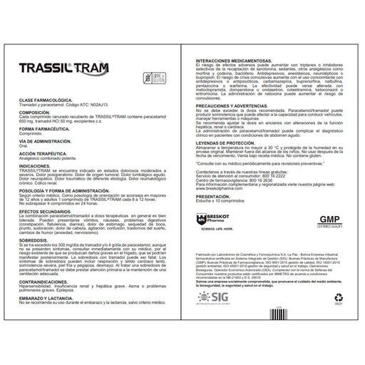 Trassil Tram Paracetamol 650Mg Y Tramadol Clorhidrato 50Mg X Tableta