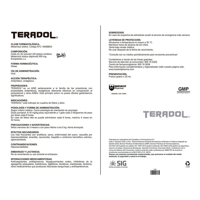 Teradol 500Mg Gotas Metamizol X 30Ml