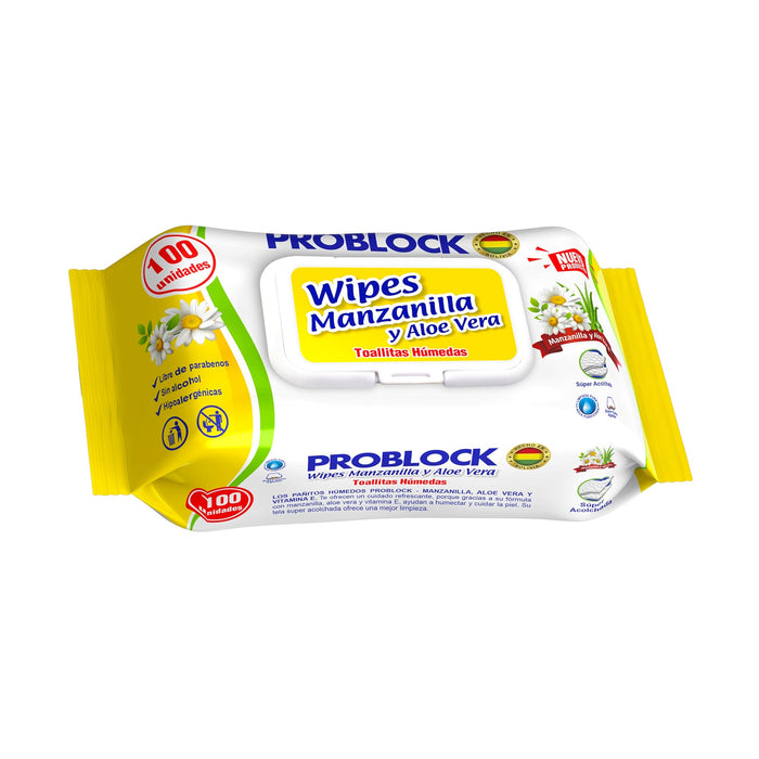 Toallitas Húmedas Problock Wipes Manzanilla / Aloe X 100 Unidades