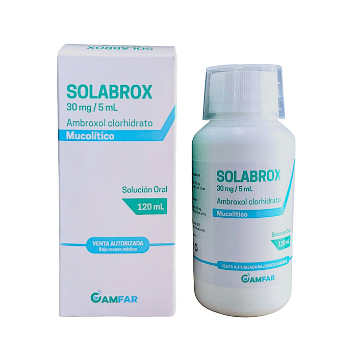 Botella de Jarabe Solabrox Ambroxol 30mg/5ml de 120ml.