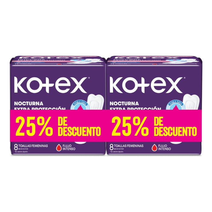 Toallitas Femeninas Kotex Pack Nocturna Extra Protección Con Alas 2 X 8 Unidades