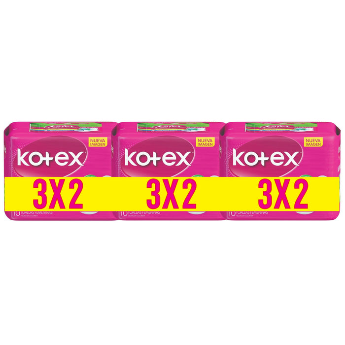 Pack Kotex Normal Extra Suave Con Alas 3 X 10 Unidades