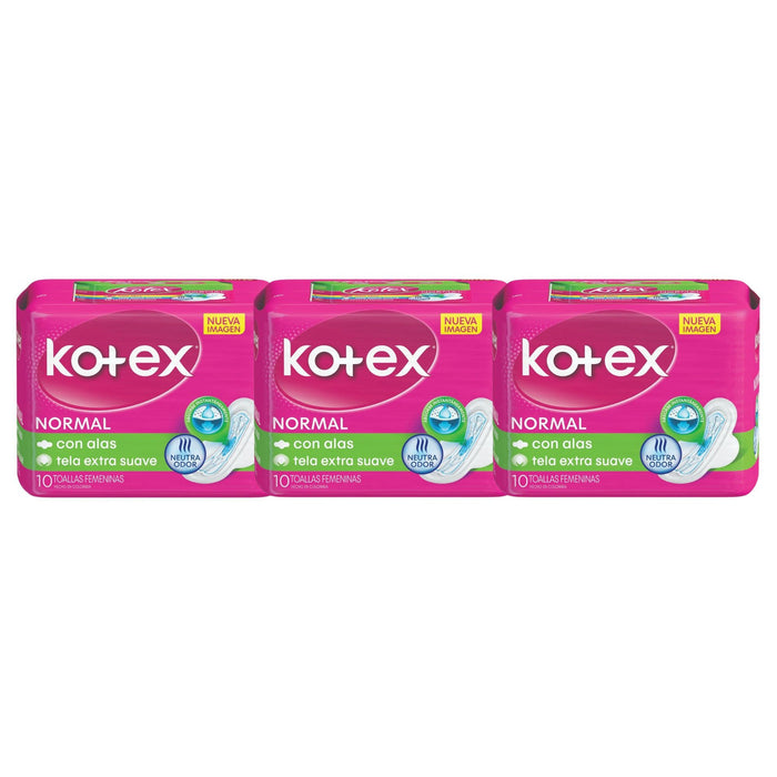 Pack Kotex Normal Extra Suave Con Alas 3 X 10 Unidades
