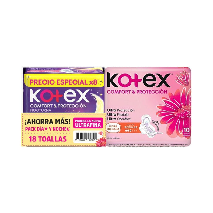 Pack Kotex Toallas Comfort Y Proteccion Nocturna + Ultra Delgada