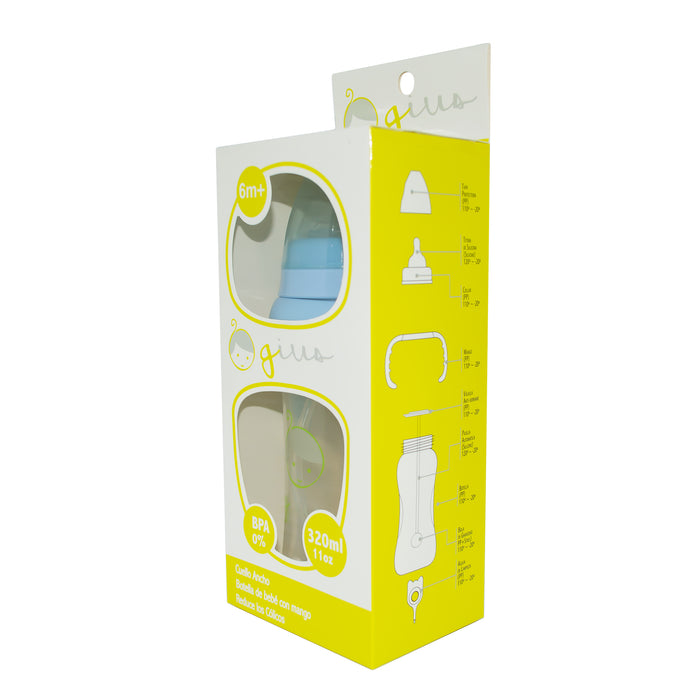 Mamadera Gius Cuello Ancho Con Mango Celeste 6M+ X 320Ml