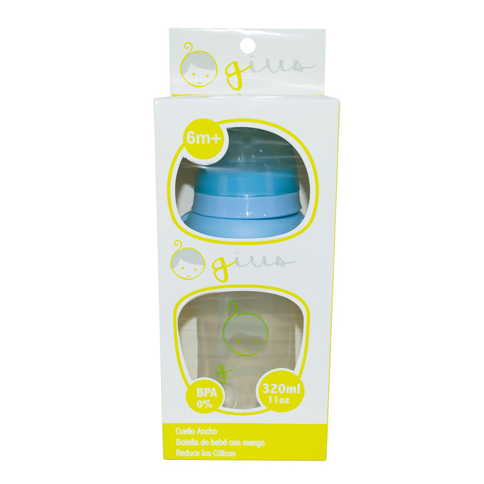 Mamadera Gius Cuello Ancho Con Mango Celeste 6M+ X 320Ml