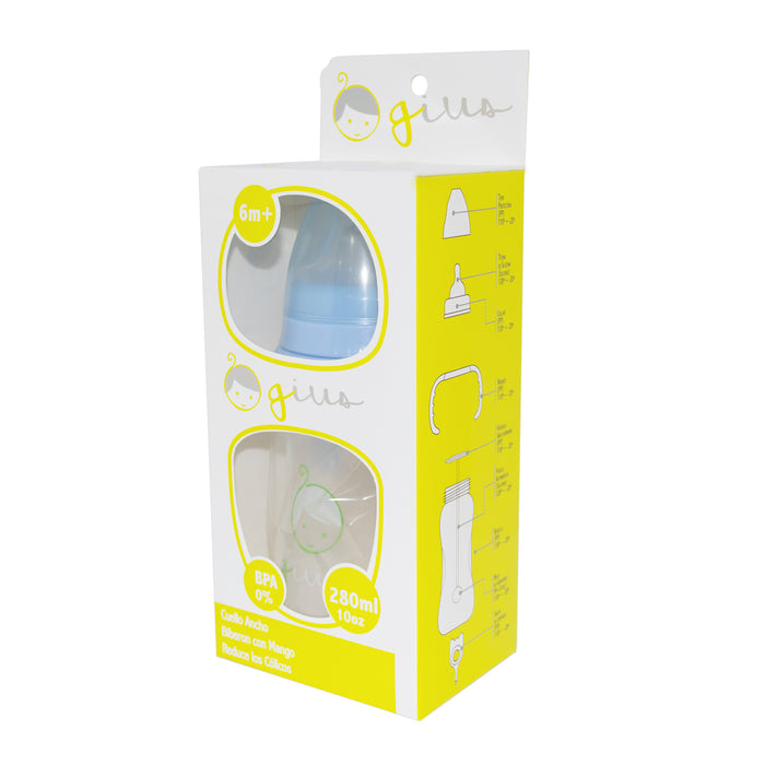 Mamadera Gius Cuello Ancho Con Mango Celeste 6M+ X 280Ml